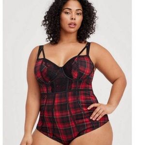Torrid Curves Bodysuit Plaid Microfiber Red Underwire Size 00 (large)